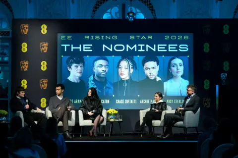 PA Media Robert Aramayo speaks next to Archie Madekwe, Posy Sterling, Mia McKenna-Bruce and Ali Plumb as they attend the EE Rising Star Award nominee announcement ahead of the 2026 EE British Academy Film Awards (BAFTA), in London