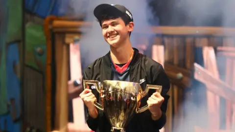 Getty Images Kyle Giersdorf - aka Bugha - winning the solo competition at the Fortnite World Cup in July 2019