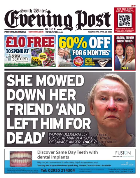 South Wales Evening Post Front page of the South Wales Evening Post. The headline reads 'she mowed down her friend 'and left him for dead''.