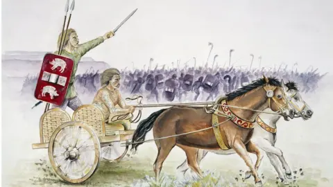 Heritage Images A drawing of two Iron Age warriors in a two-wheeled chariot drawn by horses with decorative tack