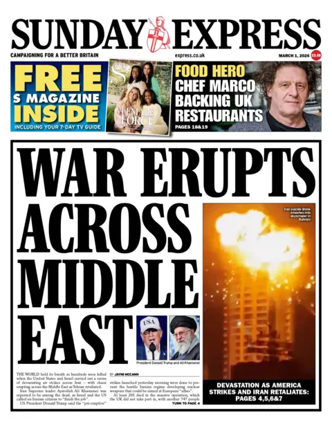 The headline on the front page of the Sunday Express reads: "War erupts across Middle East".