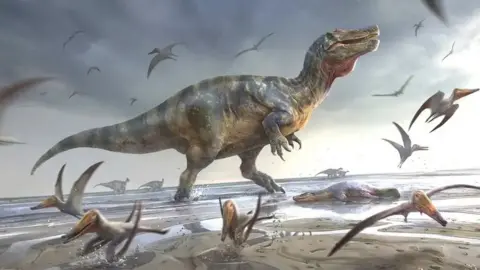 AFP An artist's impression of a large spinosaurus-type dinosaur on a beach, a dead creature in front of it. Flying pterosaurs scatter in its wake.