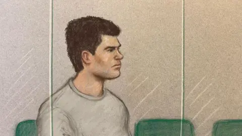 An artist's drawing of Jake Cummings at an earlier trial. He has brown hair and is wearing a grey round-neck top. He is in front of a row of green seats.