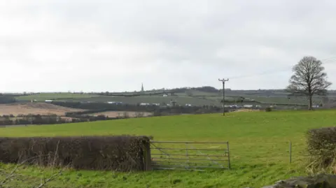 A large area of grassed land with an electricity pylon seen in the background.