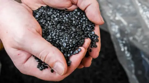 Getty Images A worker holds black PVC granulate in their hands. The granulate is tiny disks of plastic, about the size of lentils.