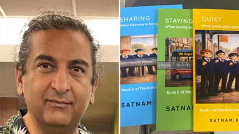 A composite image. Left - a head shot of Satnam Rakhra. Right - three colourful covers of the The Kids From Chapel Ash book series