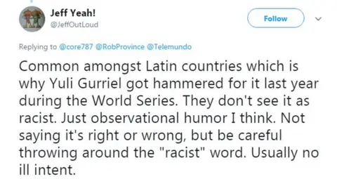 @JeffOutLoud Common amongst Latin countries which is why Yuli Gurriel got hammered for it last year during the World Series. They don't see it as racist. Just observational humor I think. Not saying it's right or wrong, but be careful throwing around the "racist" word. Usually no ill intent.