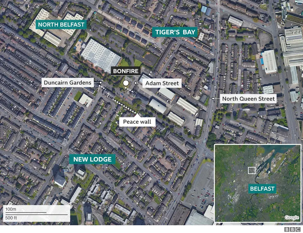 Adam Street bonfire map, Belfast