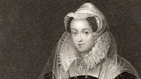 A black and white sketch of Mary wearing formal 16th century dress and head dress. 