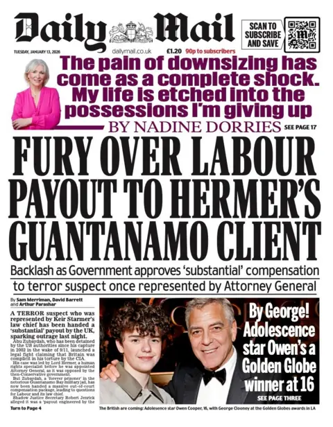 The headline on the front page of the Daily Mail reads: "Fury over Labour payout to Hermer's Guantanamo client". 