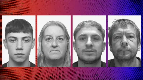 BBC Promo image showing the police mugshots of four people sentenced over riot-related offences - Thomas Connelly, Julie Sweeney, Connor Whiteley and Gareth Metcalfe