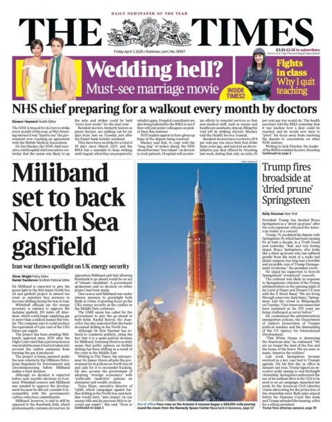 The headline on the front page of the Times reads: "Miliband set to back North Sea gasfield."