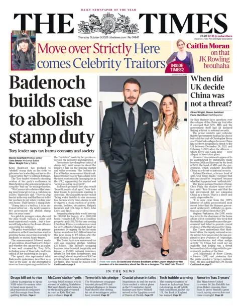 The headline on the front page of the Times reads: "Badenoch builds case to abolish stamp duty: Tory leader says tax harms economy and society".