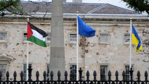 A Palestinian flag flies outside Leinster House, Dublin, following the decision by the Government to formally recognise the state of Palestine. Picture date: Tuesday May 28, 2024