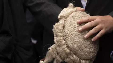 A lawyer holds a barrister's wig. 