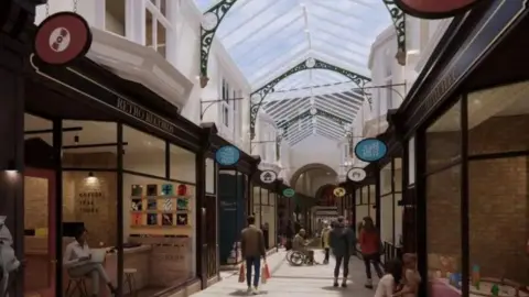 Kirklees Council An artists impression of a revamped Victorian shopping arcade with small shop windows either side of a walkway with a glass roof above