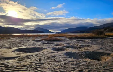 Gordy Philip A low down angle of a beach with little imprints in the sand and brown sprouts of plants scattered across the foreground. The view looks up towards hills in the background. It's a cloudy day with patches of blue sky.