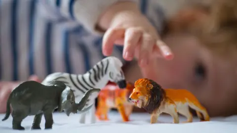 PA Media Pre-school child with long blond hair wearing a beige and blue striped top playing with yellow and red building blocks playing with toy animals 