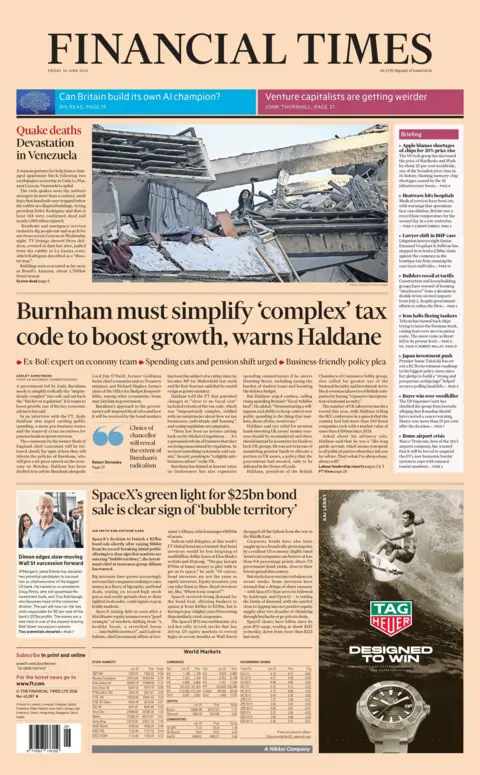 "Burnham must simplify complex' tax code to boost growth, warns Haldane," reads the headline on the front page of the Financial Times. 