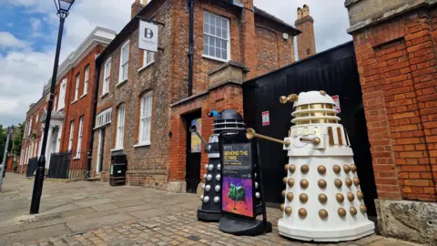 Mike Tucker Two Daleks are outside Discover Bucks Museum, parked on the cobbled streets looking like they are guarding the entrance of the red-brick building.