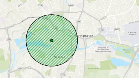 Northamptonshire Police Aerial map of Northampton showing a circular zone shaded in green, including St James, Edgar Mobbs Way, the train station and parts of Far Cotton