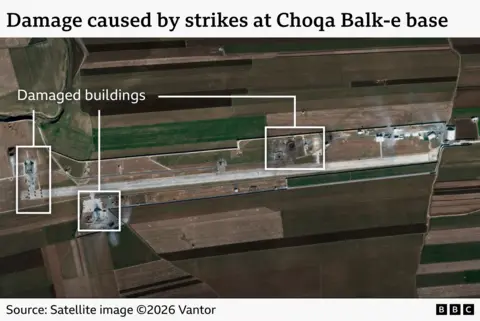 An image showing damaged buildings at Choqa Balk-e base. Three such buildings are highlighted.