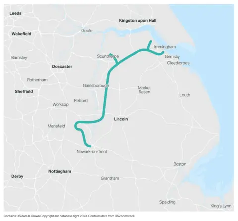 Supplied Image of the proposed pipeline from Immingham in the Humber to Newark in Nottinghamshire.