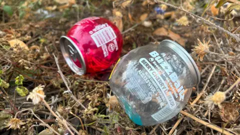 Two empty BuzzBallz containers nestled in undergrowth. One is clear plastic that says Berry Cherry Limeade, Alc. 13.5% VOL 200ML. The other is slightly behind it in the background and is red. The packaging is a round ball shape with a flat base and top, a thick aluminium tin lid is fused into the plastic.