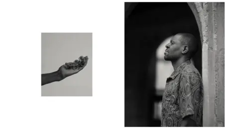 Alys Tomlinson A black and white image of Prof Shadreck Chirikure leaning against a wall at New College, Oxford. Alongside it is an image of his outstretched hand with iron samples, each seemingly contained in a see-through cylindrical container.
