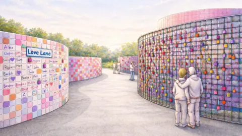 Severn Trent Memory as Materials: Series of curved walls with chain link space for locks and tiles for personal messages.