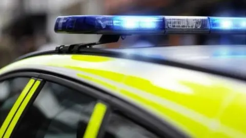 The top of a police car which has flashing blue emergency lights.