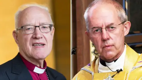 Getty Images Composite image: Portrait of George Carey, who has balding white hair and black-framed glasses. He is wearing a purple clerical shirt with white clerical collar and a black pinstripe jacket. He is pictured outside in front of a yellow-painted wall. Archbishop of Canterbury Justin Welby pictured in front of a small microphone in a church pulpit. He has receding short grey hair, rimless glasses and is clean shaven. He is wearing gold coloured robes embellished with purple and turquoise waves and jewels, and a silver embroidered crucifix. 