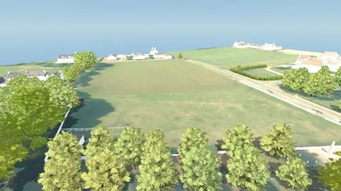 Government of Jersey An architect's simulation showing the site from above which comprises a large green field, trees in the foreground and lining the left hand side. There are white houses and the sea beyond.