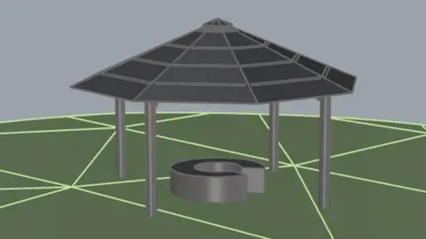 A computer-generated image of an open-sided pavilion. It features a multi-sided dark roof supported by several vertical columns, with circular seating beneath the canopy. The ground is illustrated in green with light-coloured geometric guide lines.