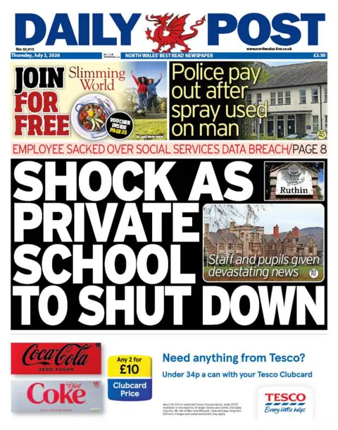 Daily Post Daily Post. The main headline reads: Shock as private school to shut, staff and pupils given devastating news. 