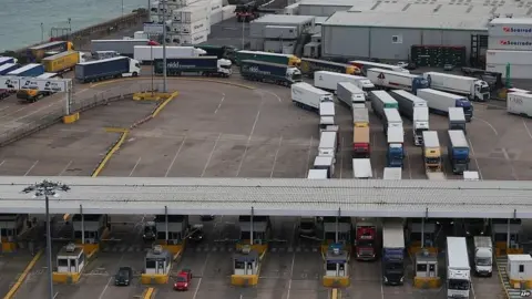 AFP Container lorries coming off ferries at Dover