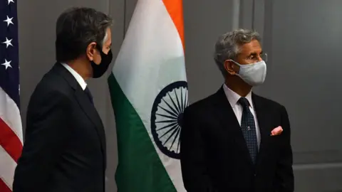 Getty Images US Secretary of State Antony Blinken attends a press conference with India's Foreign Minister Subrahmanyam Jaishankar following a bilateral meeting in London on May 3, 2021, during the G7 foreign ministers meeting.