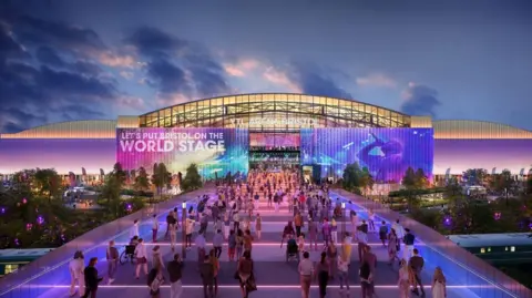 YTL A computer generated image of what the YTL Arena will look like once finished. There is a large walkway bridge lit up with blue and purple lights, leading towards the entrance. The arena itself is a long arched building with large electronic screens on either side. There are hundreds of people crossing the bridge, heading towards the arena.