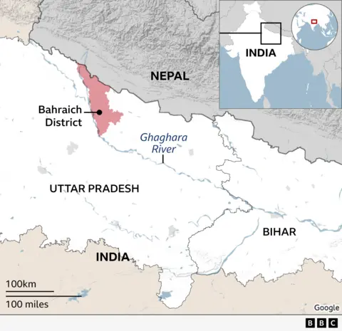 Map of India Nepal border showing Bahraich district