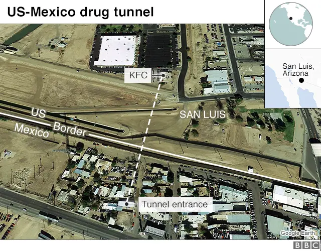 Map of US-Mexico drug tunnel