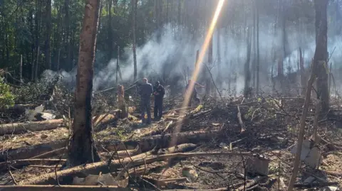 Kolomna head Aleksandr Grechishchev via Reuters The crash site of Russia's Sukhoi Superjet 100 near Kolomna, Moscow region. Photo: 12 July 2024