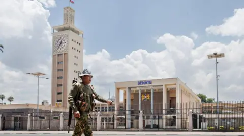 AFP A soldier in camouflage uniform with a gun on his right shoulder walks past Kenya's Senate building.