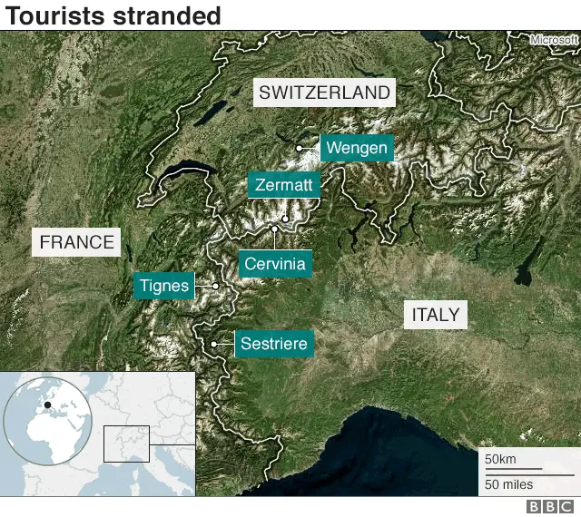 Map shows tourists stranded in several ski resorts