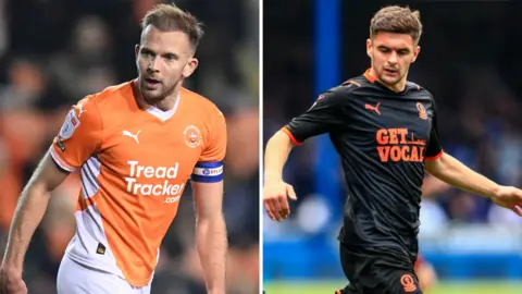Jordan Rhodes (left) and Jake Daniels in action for Blackpool