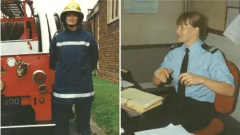 Northamptonshire Fire and Rescue Service A split image containing two photographs - on the left is a woman in a navy blue fire jacket with a yellow helmet. She is standing next to a red fire truck with her arms behind her back. On the right is a woman in a pale blue shirt and black tie sitting at a desk.