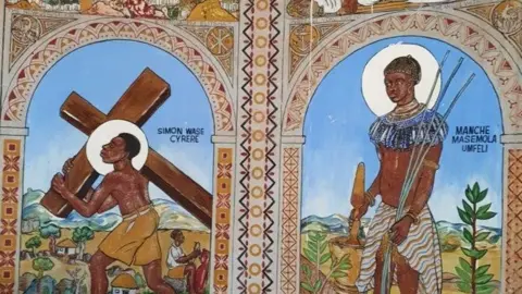 The Curtain Foundation Murals above the altar at the Cyrene Mission Chapel, 2022