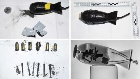 Metropolitan Police A composite of police photos which show two homemade explosive devices, and an X-ray type shot showing how there are bullets and nails inside. Another image shows nails and bullets.