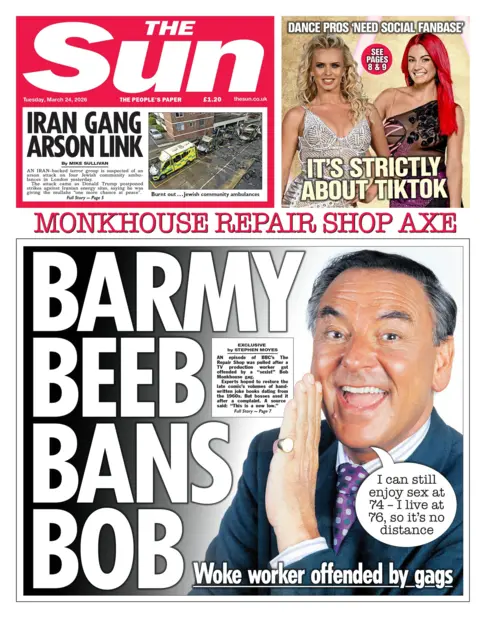 The headline on the front page of the Sun reads: "Barmy Beebs Bans Bob."