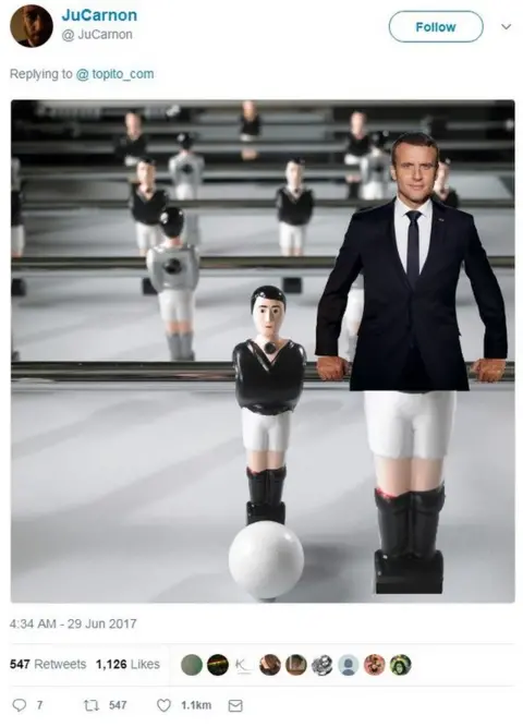 Twitter/JuCarnon Mr Macron was posed as a table football player