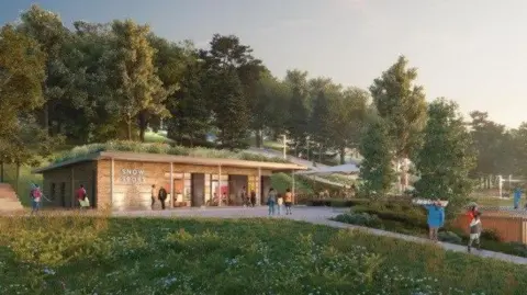 Southampton City Council An artist's impression showing a brown single-storey building with the words Snow Sport on a wall, set on a landscaped slope.
